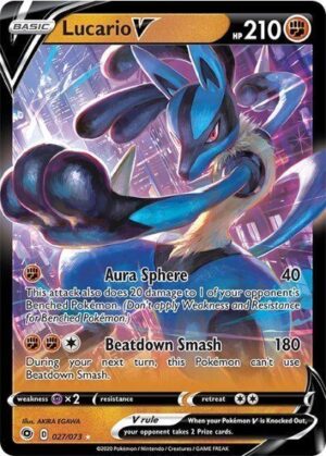 Lucario V - V Forces Tin Box. - Lucario V 27/73 Pokémonkort fra serien Champion's Path