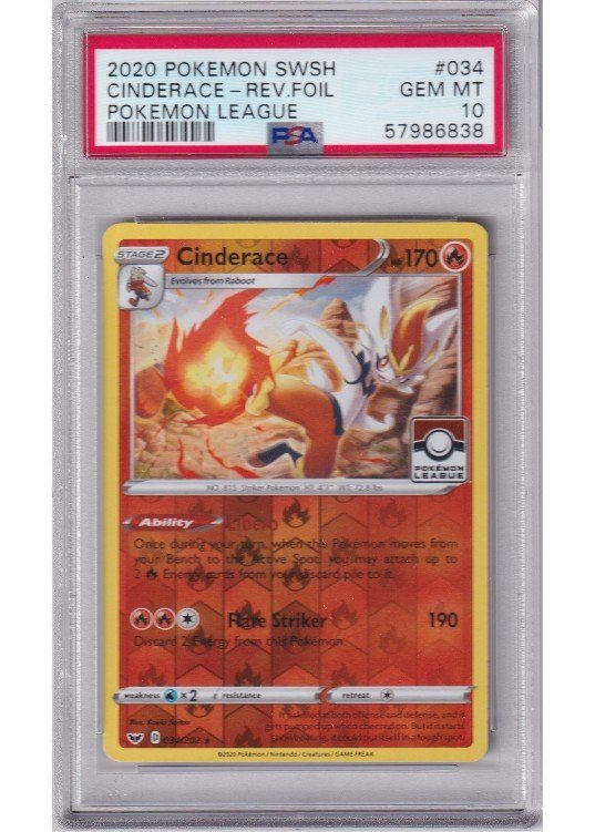 Cinderace Pokémon LEAGUE Stamp 034/202 Reverse Foil PSA 10