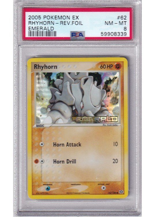 Rhyhorn 62/106 Reverse Foil PSA 8