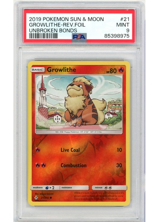 Growlithe – 21/214 – Reverse Foil – PSA 9