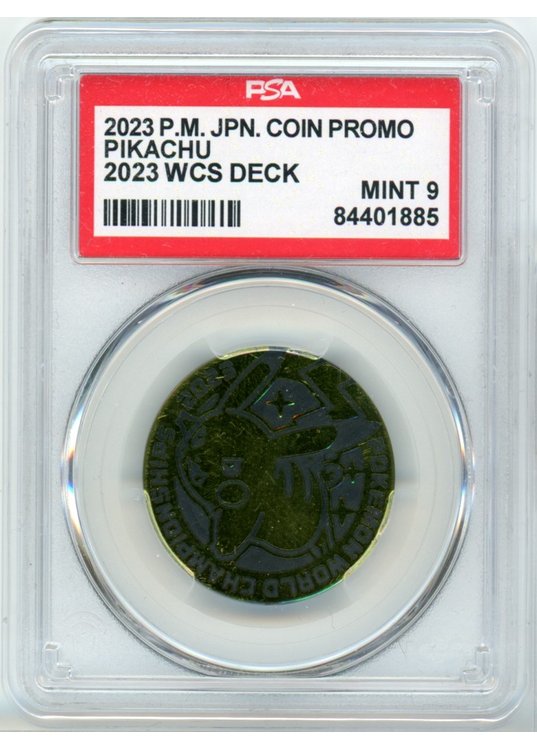 Pikachu World Championship 2023 Pokemon mønt (Guld Mirror Holo) PSA 9
