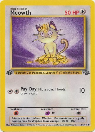 Meowth 56/64 1st Edition Pokemon enkeltkort fra Jungle