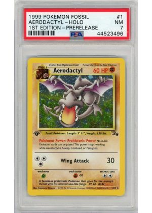 Aerodactyl – Prerelease Stamp – Cosmos Holo – 1/62 – 1st Edition – PSA 7